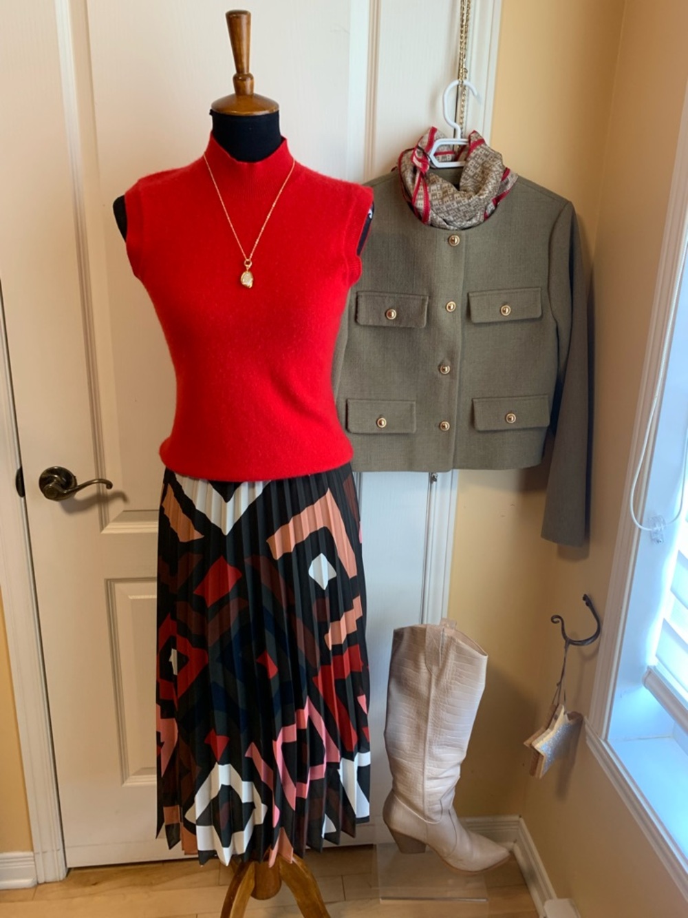 SUNCOO Pleated Geometric print Midi Skirt